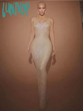 Lunivop High Quality Women Summer Sexy Tank Backless Crystal Diamonds Beige Maxi Long Bodycon Dress